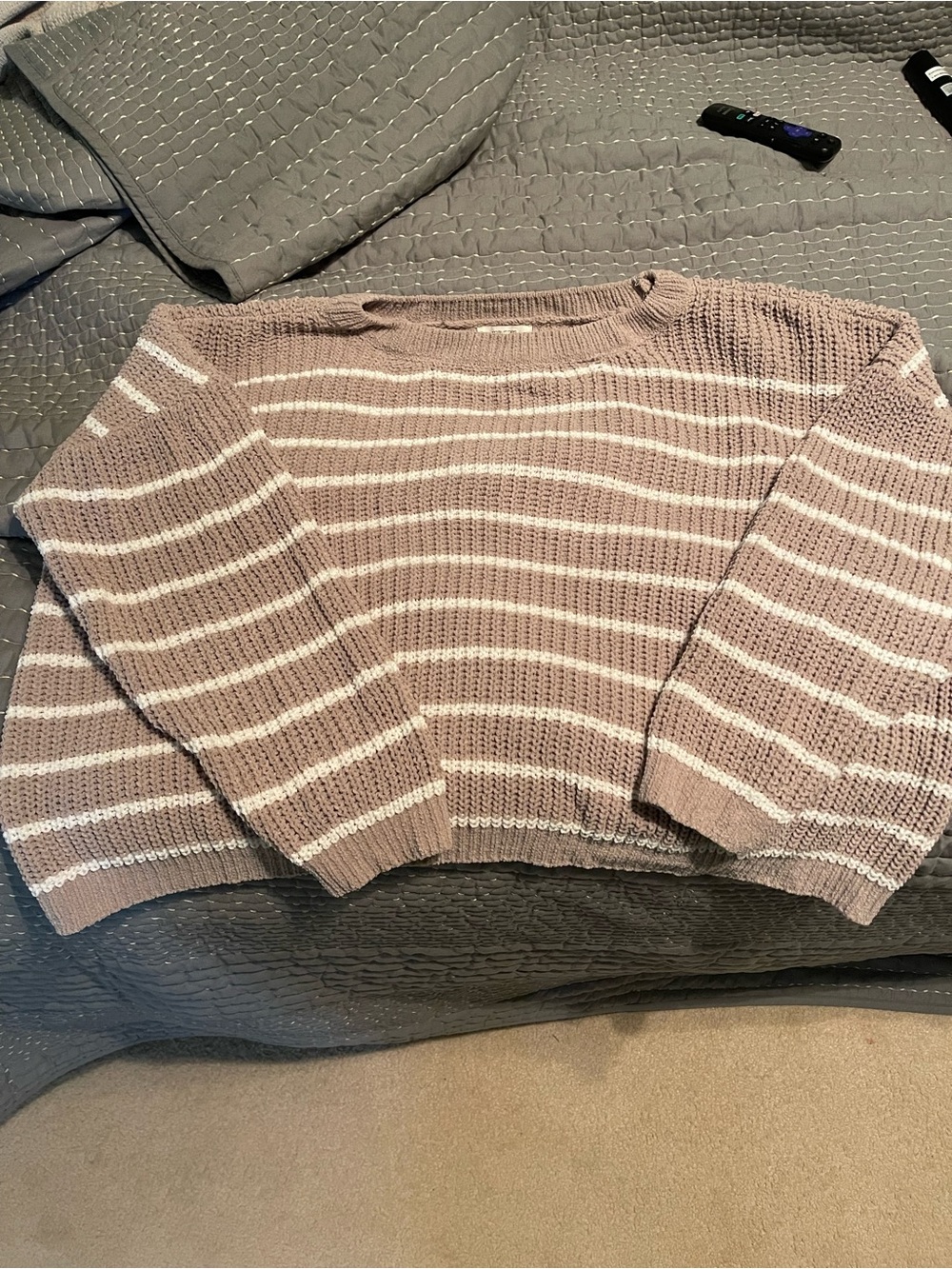 Maurices Taupe and White Striped Cropped Crewneck Sweater